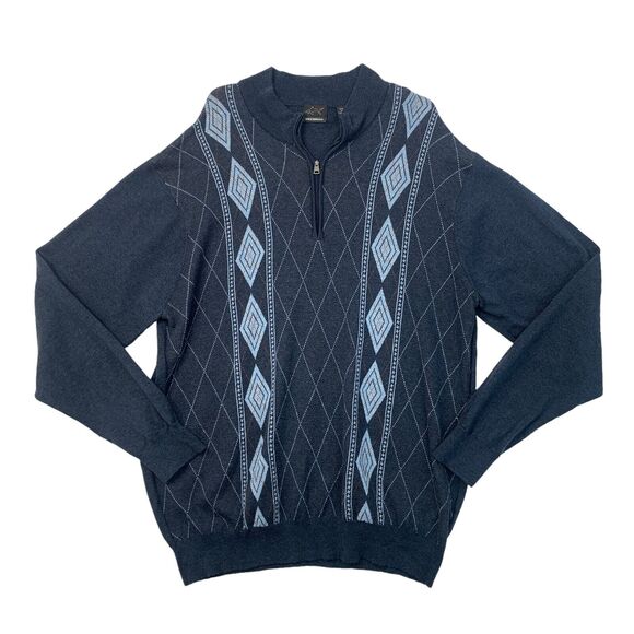 Greg Norman Sweater Mens XL Extra Large Storm Blue Argyle Wool Blend Quarter Zip - Picture 1 of 10